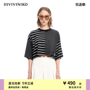 IIIVIVINIKO“72支印度长绒棉”短⽅拼接条纹T恤女M320536355C