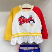 韩国中小童装23秋女童宝宝纯棉，圆领假两件裙摆，边可爱长袖t恤