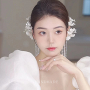 韩式甜美造型花朵浪漫唯美水晶耳挂新娘婚纱白纱，流苏仙气头饰