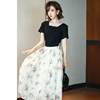 MIUCO法式方领短袖拼接浪漫印花裙摆假两件连衣裙女