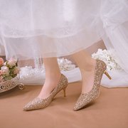 大码41-43高跟鞋结婚鞋42新娘鞋33-34亮片水晶鞋细跟婚鞋银色伴娘