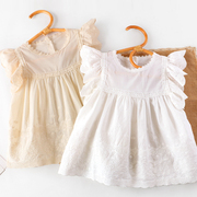 女童棉麻衬衫夏季洋气儿童，法式镂空飞袖娃娃衫，宝宝花边袖上衣