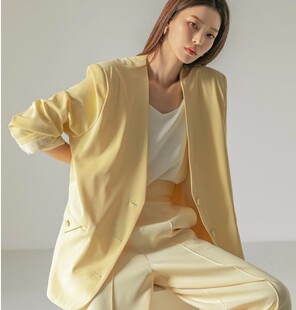 韩国dint无领单排扣西装女设计感黑黄色宽松休闲夹克外套上衣