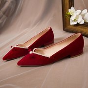 法式优雅平底鞋2023秀禾服婚鞋女中式结婚新娘，鞋红色平底孕妇婚纱