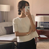 韩国chic夏季复古气质圆领纹理，感设计宽松百搭套头五分袖上衣女