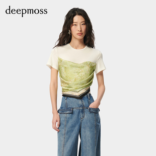 deepmoss2024春夏女时尚，休闲水拓印丝巾褶皱，拼接短袖t恤