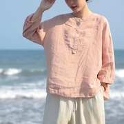 砂洗色织亚麻衬衫女气质圆领套头衫文艺纯色夏季衬衣休闲上衣