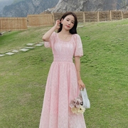 粉色绝美连衣裙女夏温柔风，法式气质收腰显瘦仙女超仙浪漫茶歇长裙
