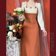 巷里法式复古连衣裙秋季长袖橘色，拼接宫廷显瘦气质优雅小礼服长裙