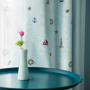 儿童窗帘高档地中海卡通蓝色美式遮光卧室棉麻布料，双面花遮光窗帘
