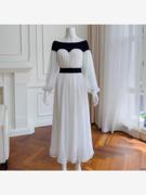 法式优雅性感一字领长裙女遮肉灯笼长袖黑白撞色雪纺连衣裙 68126