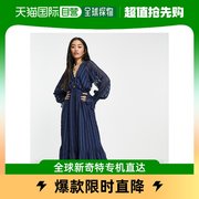 香港直邮潮奢asos女士设计缎面，条纹宽袖系扣中长连衣裙(海军蓝)
