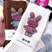 韩版时尚彩色水钻兔子中筒袜子卡通，日系可爱闪亮宝石设计感堆堆袜
