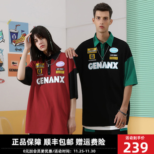 GENANX闪电潮牌2023夏季polo衫领短袖T恤赛车风格设计印花T恤