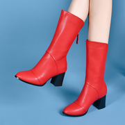 2023年真皮靴子女靴高跟红色中筒靴春秋单靴全牛皮显瘦气质骑士靴
