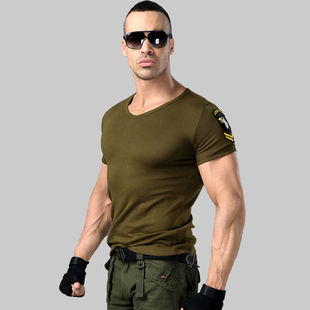同盟军户外军迷短袖t恤男装军，绿色弹力v领紧身t恤型男健身时尚t恤