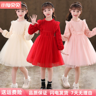 女童公主裙春装红色加绒儿童，蕾丝连衣裙学生合唱小礼服表演白纱裙(白纱裙)