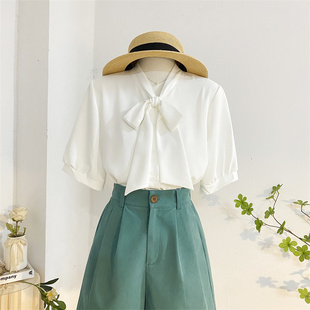 白色系带蝴蝶结短袖衬衫女夏季宽松简约气质纯色，雪纺上衣飘带衬衣