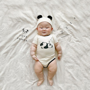 ins23夏季韩国婴儿可爱熊猫，短袖连体哈衣男女宝宝包屁爬服配帽子