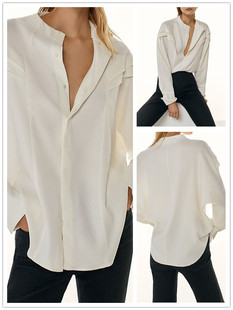 西班牙单设计感荷叶边袖雪纺长袖衬衫加厚圆领白色时尚女休闲上衣