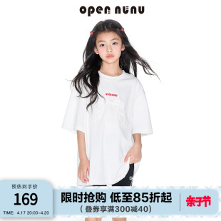 opennunu女童全棉字母t恤夏季甜美立体蝴蝶结绣花宽松上衣