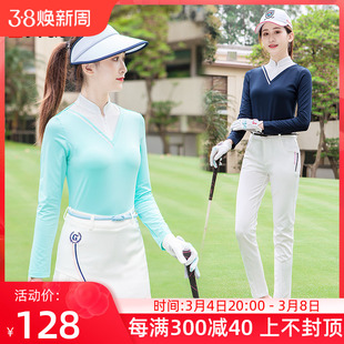 春夏季高尔夫服装女款速干长袖，防晒球衣服t恤高领拉链弹力运动衫