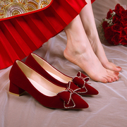 粗跟婚鞋女春季2022年中式红色，新娘鞋子孕妇可穿高跟鞋