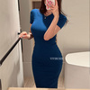 韩国gh185女人味后开叉修身宝蓝色，短袖长款包臀连衣裙