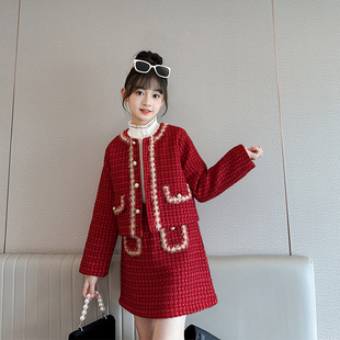 小香风女童套装名媛风加厚呢外套红色半裙儿童两件套元旦新年服