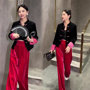 网红金丝绒时尚套装女2022冬季中国风盘扣显瘦外套+裤子