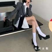 鸭掌方头高跟鞋女2024春秋粗跟辣妹美式单鞋复古法式玛丽珍小皮鞋