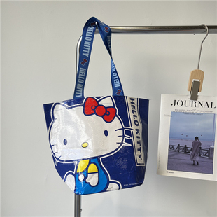 可爱卡通猫咪蓝色手提袋防水编织袋，环保袋超市购物袋单肩包