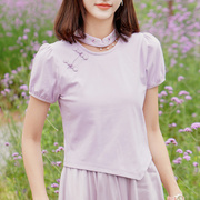ATAR设计感小众淑女短袖T恤夏季国潮绣花中式领甜美百搭上衣