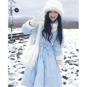小个子奶fufu浅蓝色中长款加厚棉服，女秋冬收腰设计感气质棉衣
