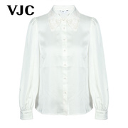 vjc威杰思2024春夏，女装法式衬衫，白色绣花翻领缎感长袖衬衫