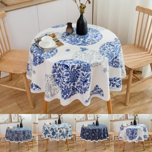 定制中国风中式青花瓷小圆形正方形亚棉麻餐桌布艺茶几盖巾台