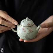 清欢丨天青汝窑手绘茶壶，开片釉手工陶瓷功夫茶具，家用泡茶壶带过滤