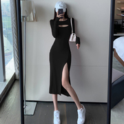 莫代尔棉高开叉连衣裙设计感小众，修身显瘦性感包臀过膝黑色长裙女