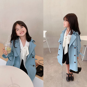 韩国童装2021秋装淑女气质海蓝，双排扣洋气女童，系腰中长款风衣外套