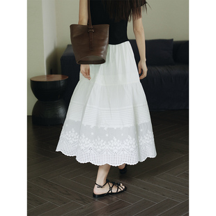 MIXABO重工法式白色花边长裙a字夏季全棉打褶半身裙女设计感
