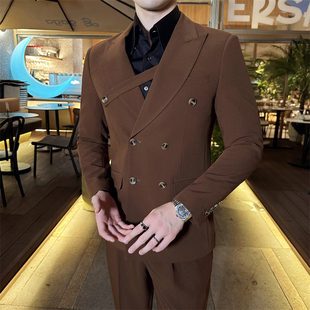 英伦复古双排扣西装套装男士韩版时尚宴会演出正装修身西服两件套