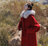 2023新年今年流行红色冬季女中长款宽松连帽斗篷大红毛呢外套