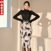 韩国东大门高端女装时尚气质印花高腰包臀半身裙中长款一步裙