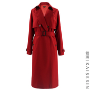 冬季经典纯羊毛系带，大翻领百搭女士，大红色中长款风衣外套