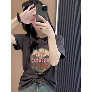 美式少女风短袖T恤女潮2023夏韩版修身显瘦洋气灰色短款上衣