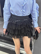 格格家欧洲站2024夏季时尚，韩版高腰不规则，层层蛋糕裙网纱短裙