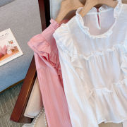 长袖荷叶边粉红色衬衫女小众设计感春装，洋气减龄气质漂亮别致小衫