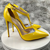 法式性感12cm黄色漆皮包头凉鞋，女仙女风尖头细跟一字包跟高跟单鞋
