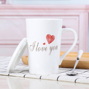 浪漫爱心爱情杯子陶瓷马克杯，带盖勺潮流情侣喝水杯咖啡杯男女茶杯