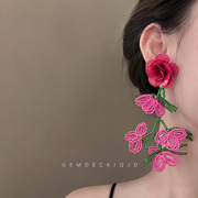夸张粉色花朵流苏耳环女新年耳饰个性小众设计感手工米珠度假耳坠